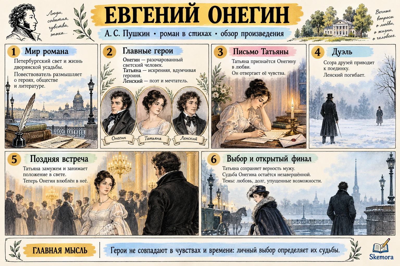 Иллюстрированный конспект «Евгений Онегин»: герои, сюжет, темы и главная мысль