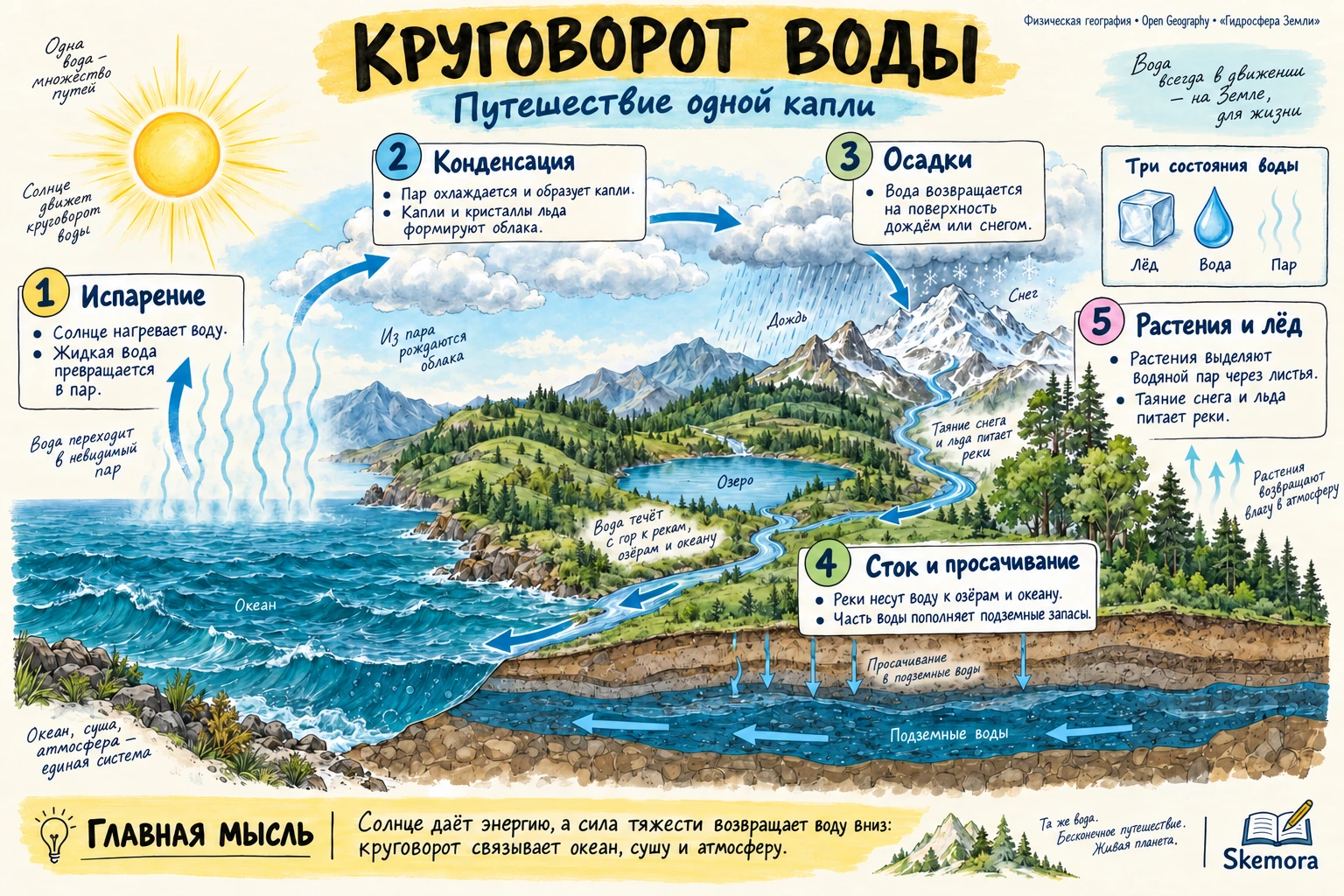 Конспект о круговороте воды с подписями процессов и стрелками